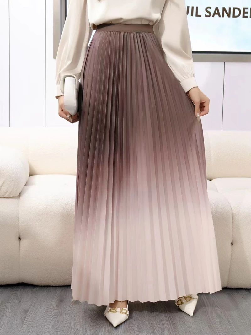 Pleated Skirt Women Floor-Length Long Skirt Korean Fashion Gradient Elastic High Waist A-line Dance Party Skirt Spring Autumn