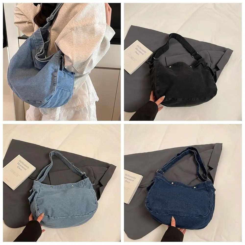 

Simple Shoulder Bag Denim Canvas Bag Street Style Crossbody Bag Vintage Handbag Solid Color Large Capacity Simple Tote Bag Girl