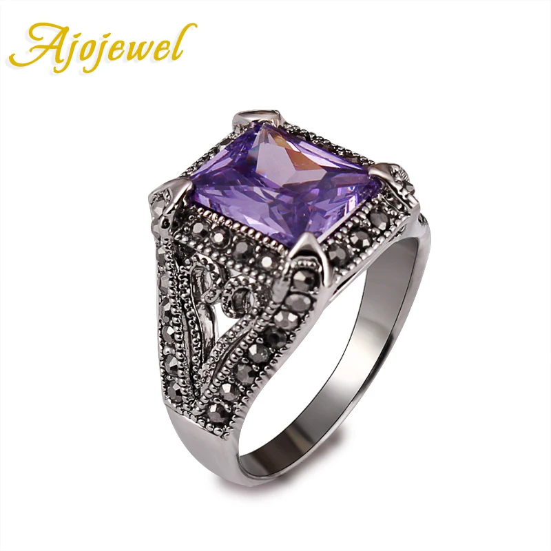 

Ajojewel Classic Vintage Style Square Ring With Purple Zircon Jewelry Finger Pave Black Rhinestones