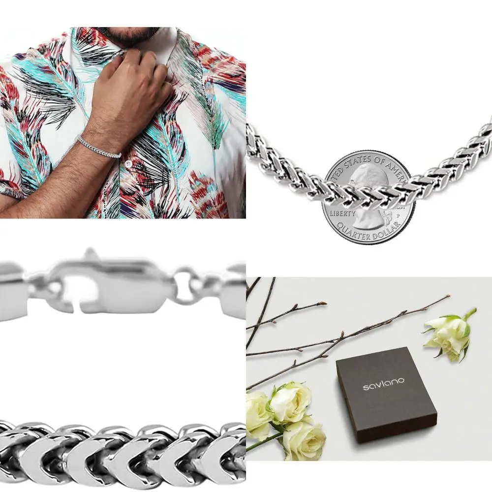 

Sterling Silver 925 Rhodium-Plated Franco Square Box Chain Bracelet, 3.5-5.5MM, Men's, Made in Italy with Gift Box
