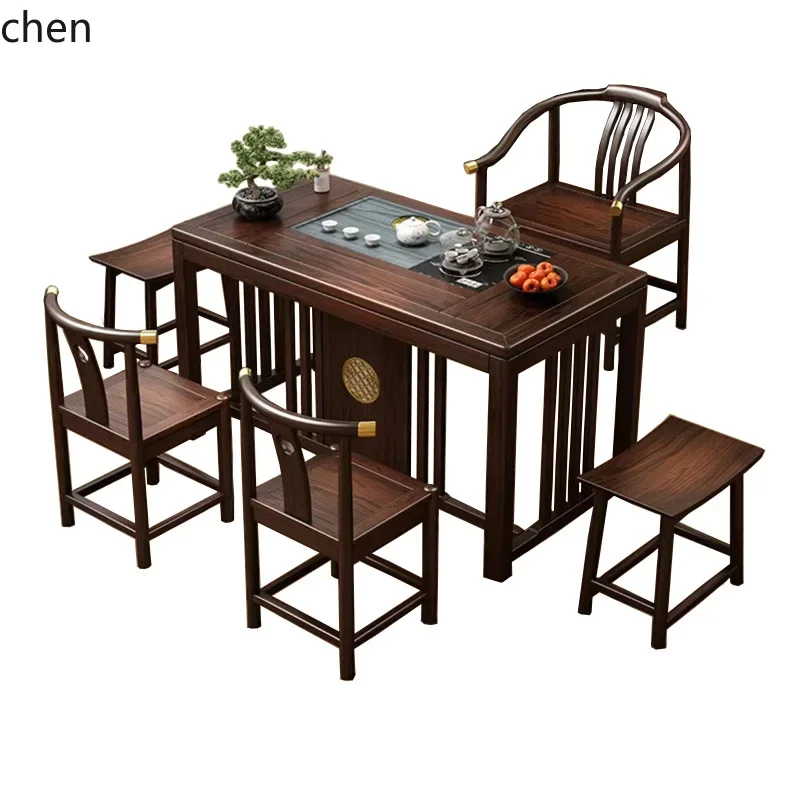 

HSN Balcony Small Tea Table Ebony Solid Wood Tea Table and Chair Combination Office Kung Fu Zen Bubble