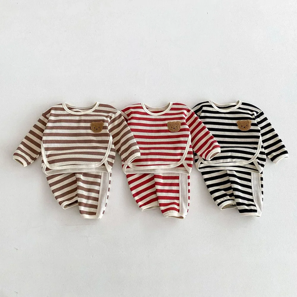 2024 Autumn Baby Clothing Set Girls Waffle Striped Boys Cotton Cartoon Bear Top+Pants Fashion 2Pcs Infant\'s Outfit