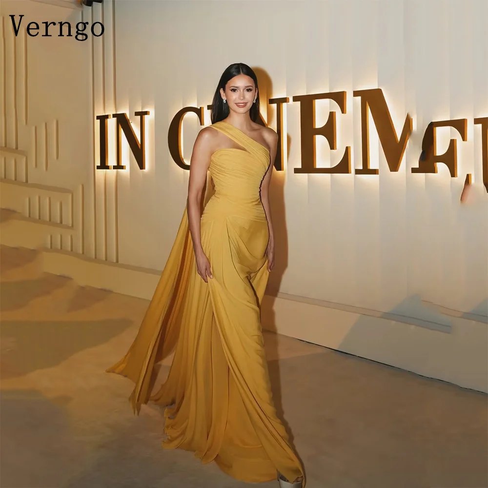 Verngo Yellow Crepe Evening Dress One Shoulder A Line Shawl Pleated Formal Dresses Arabian Prom Gown Customizedفساتين سه