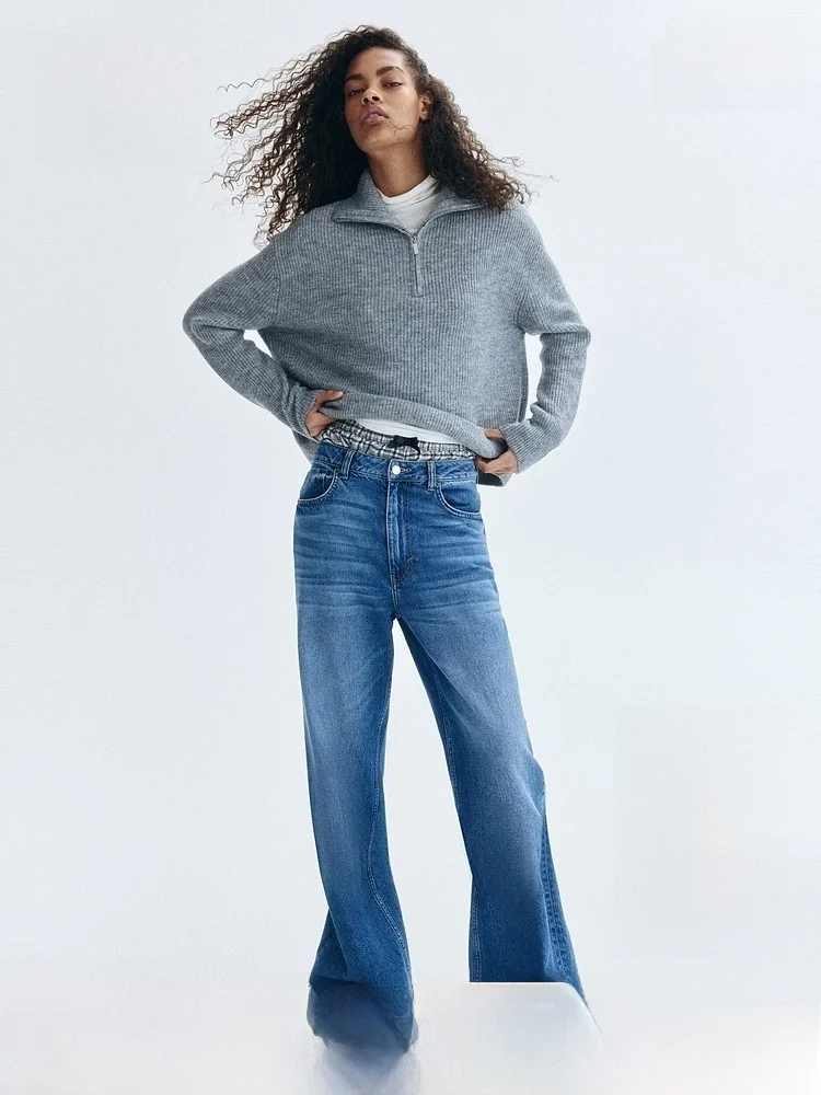 

H&M Women's Wool Knitted Sweater Spring Bookworm Nordic Sle Personali Upper Zipper T Top Casual Loose Fit Polyester W...