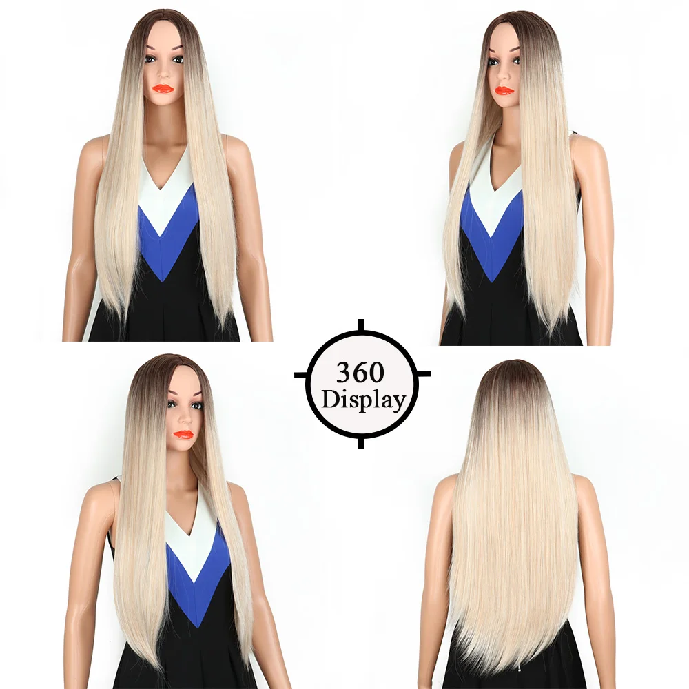 Perucas sintéticas retas longas com franja para mulheres, peruca cosplay, cabelo falso natural, ombre, marrom, loiro, alta temperatura