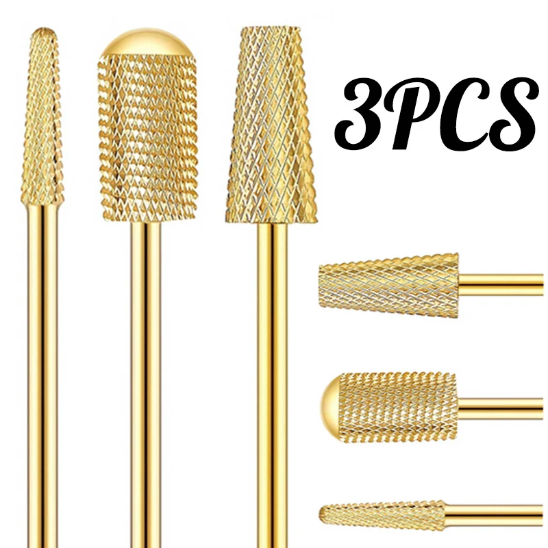 3PCS Golden Plating Tungsten Steel Nail Drill Bits for Acrylic Gel Removal and Dead Skin Trimming