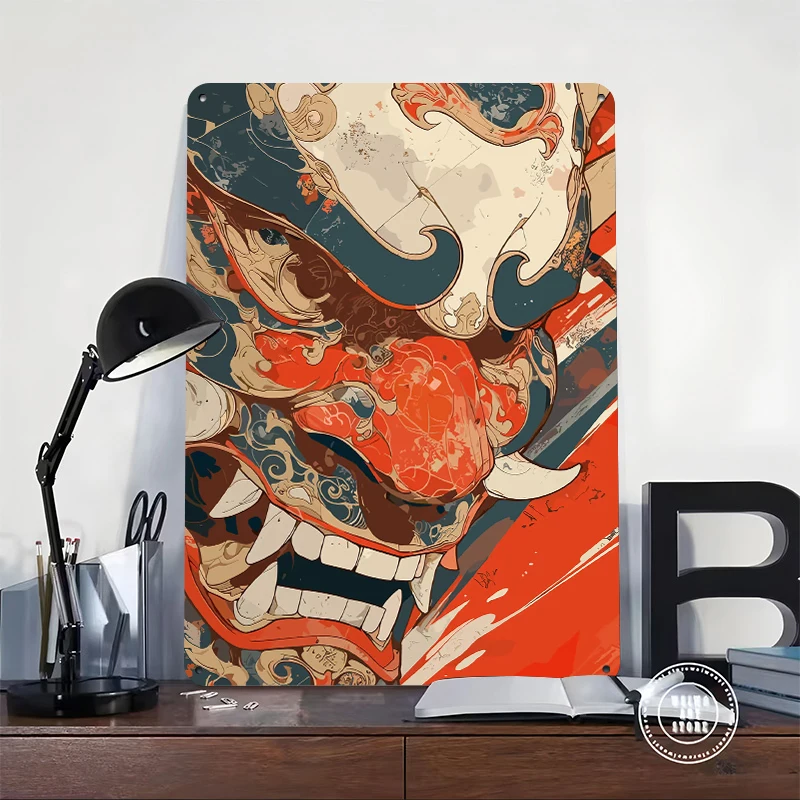 Japanese Oni Mask Digital Art Tin Poster Customized Wall Art Retro Vintage Metal Signs for Fans Room Coffee Bar Accessories Home