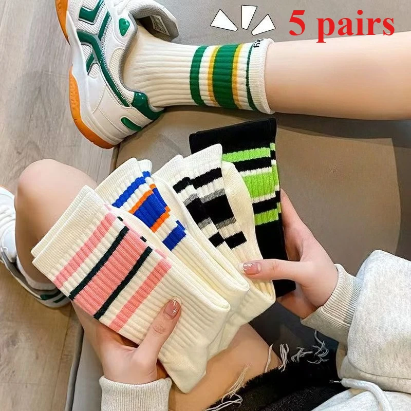 

5 Pairs of Women's Versatile Parallel Stripe Pattern Fashionable and Breathable Autumn High-quality Women's Mid Length Socks