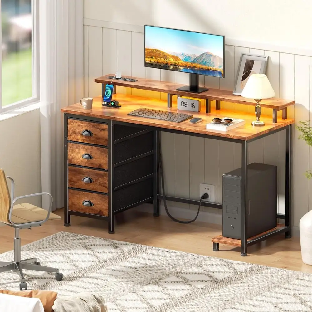 Rustic Brown 47 Desk with 4 Drawers, Monitor Stand, LED Lights, and Power Outlets for Home Office and Gaming in Small Spaces