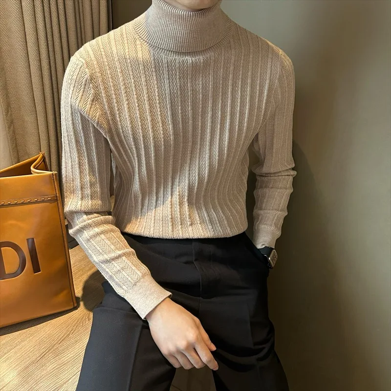 Solid Color Herringbone Turtleneck Sweater for Men Versatile Korean Style Casual Autumn and Winter Retro Knitted Sweater Top