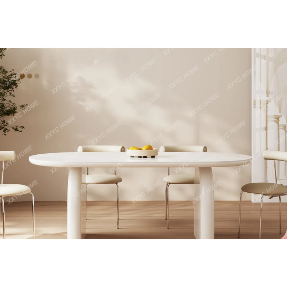 Cream Style Dining Table Home French Style Stone Plate Dining Tables and Chairs Set Rectangular