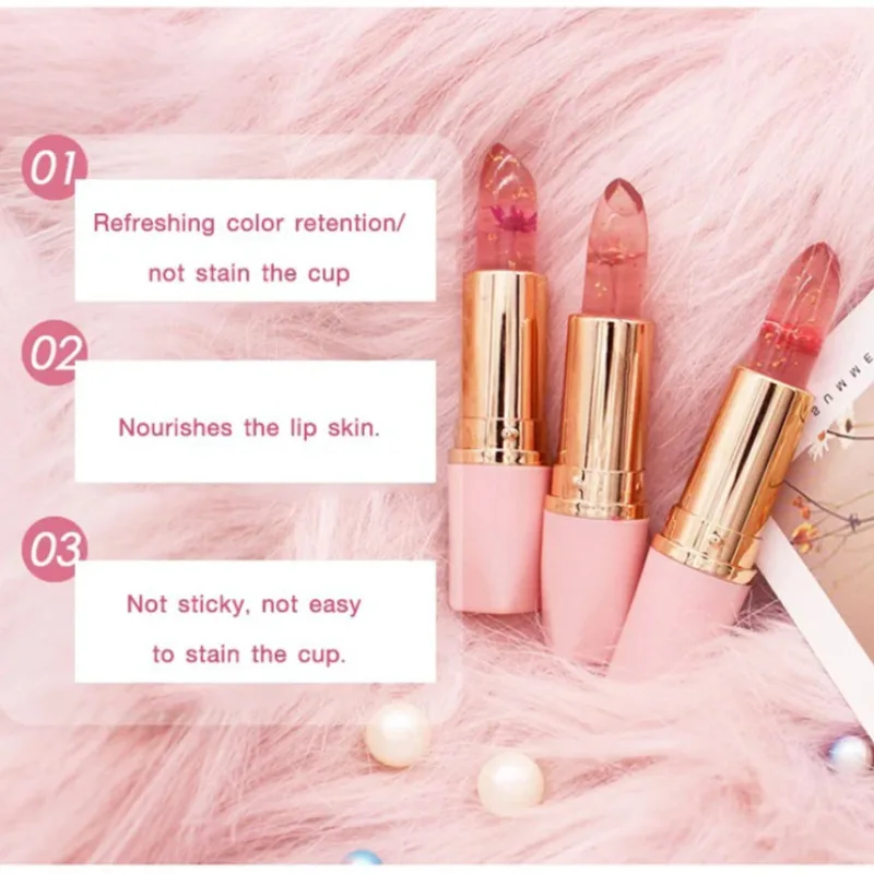 Crystal Jelly Flower Color Changing Lipstick Temperature Color Changing Lip Balm Gloss Transparent Lasting Moisturizer Makeup