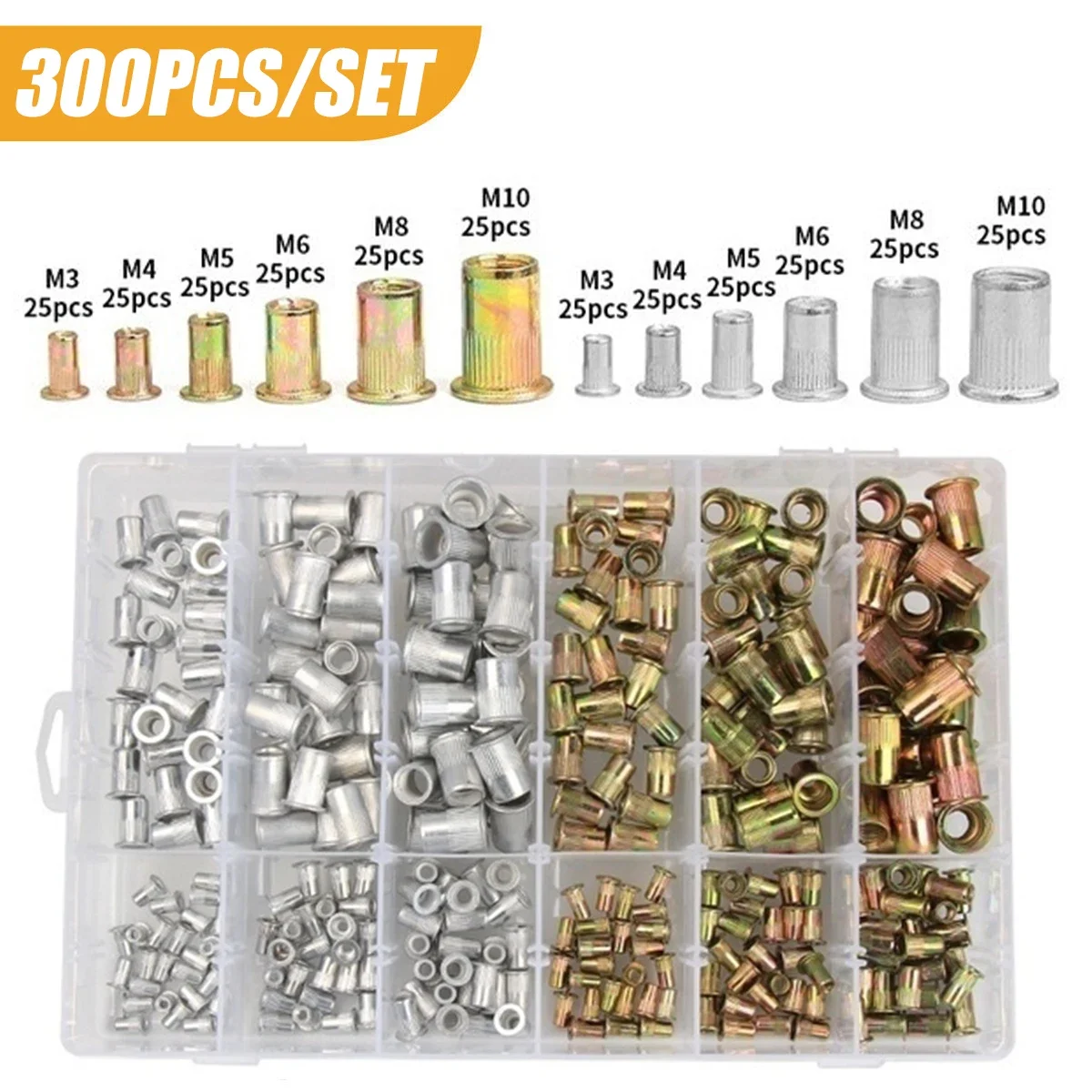 300PCS M3 M4 M5 M6 M8 M10 Carbon Steel Aluminum Flat Countersunk Head Rivet Nut Insert Rivnut Nutsert Flat Head Rivet Nut Set