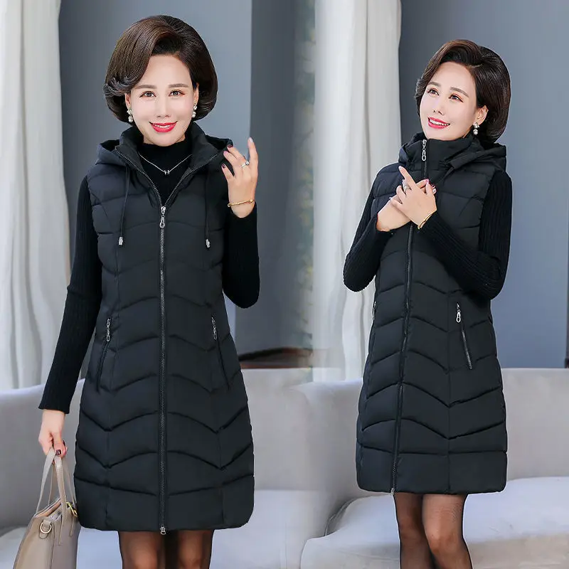 Middle-aged Mother Winter Down Cotton Vest Jacket Thick Parka Hooded Women Sleeveless Long Coat Plus Size 6XL Casual Waistcoat