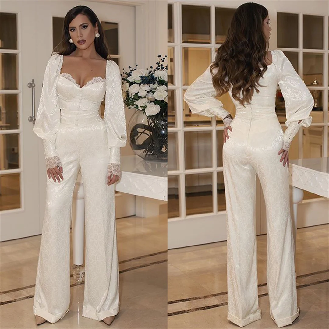 Gorgeous White Jumpsuit Evening Dresses Lace Appliques Long Sleeves Prom Gowns Custom Made Square Collar Gorgeous Party Dresses