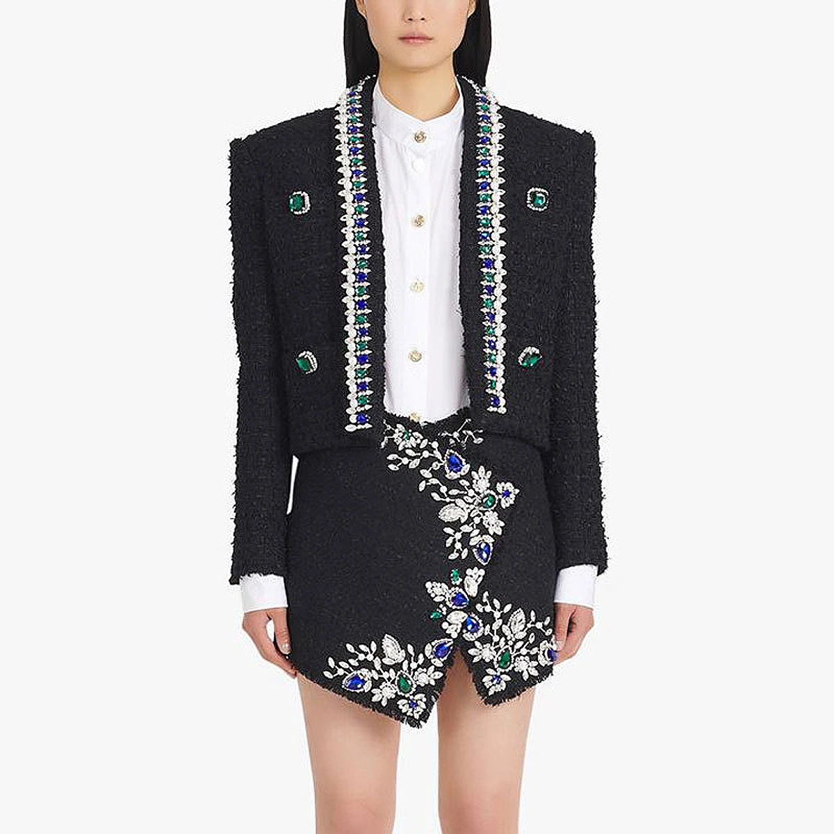 2024 Spring And Autumn New European And American Women's Fashion High-end Quality Heavy Industry Beaded Jacket + Skirt Set