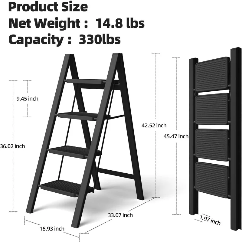 Escalera de 4 escalones, escalera plegable liviana con pedal ancho antideslizante, taburete portátil de acero multiusos para adultos