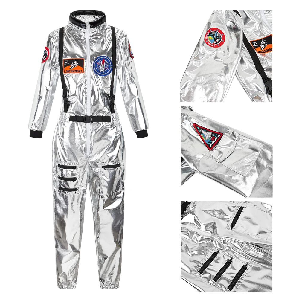 Astronaut Kostuum Voor Mannen Plus Size Halloween Kostuums Voor Koppels Astronaut Kostuum Vrouwen Ruimte Pak Ruimtevaarder Zilveren Jumpsuit