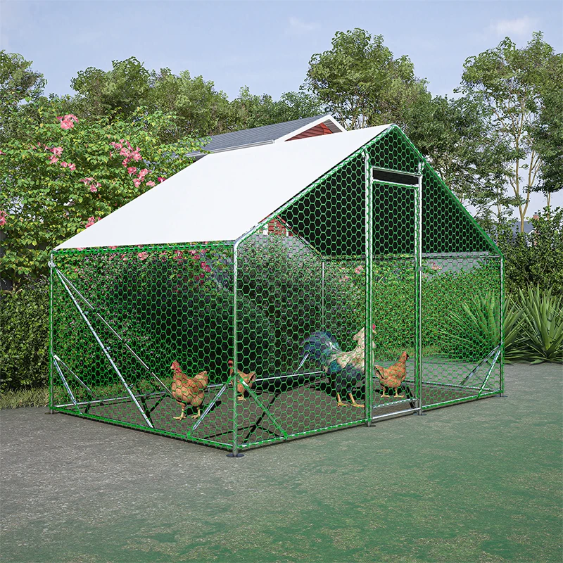 10 ft. x 6.6 ft. Large Metal Walk-In Chicken Coop Galvanized Poultry Cage with Roosting Bar Farm Hen House