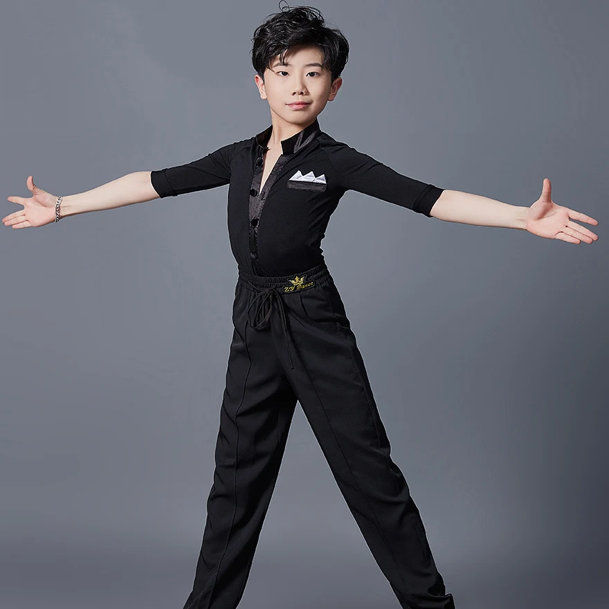 New Children\'S Modern Dancing Clothes For Boys Black Shirt Practice Pants Suits Kids Latin Performance Dance Costume SL6597