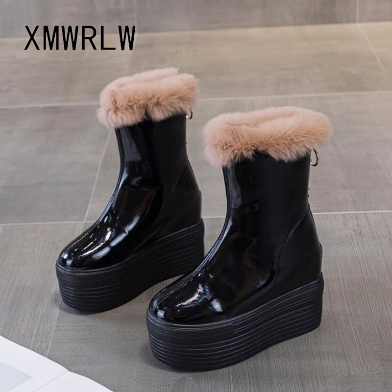 XMWRLW 2025 зимние женские зимние ботинки из лакированной кожи, модные женские ботильоны на высоком каблуке, теплая плюшевая женская зимняя обувь, зимние ботинки