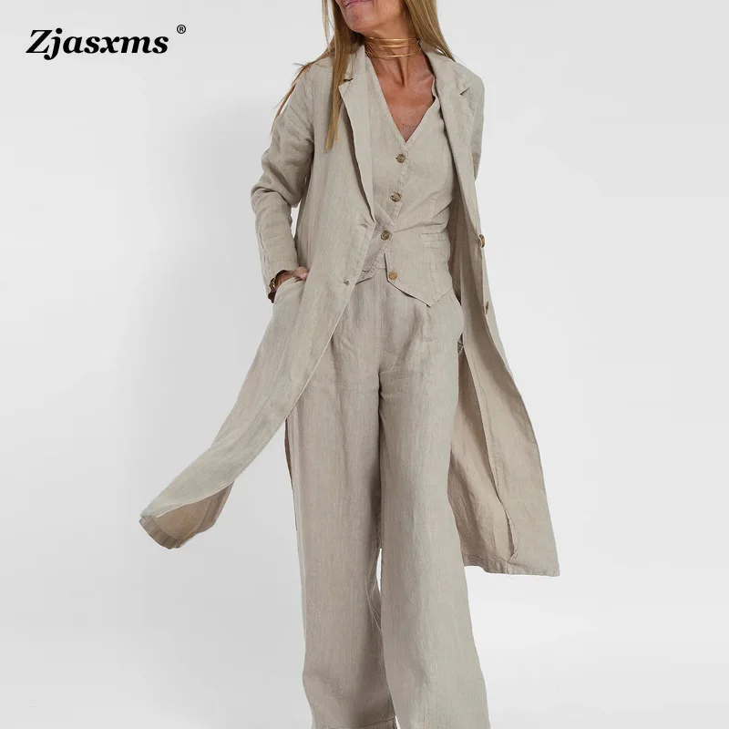 2023 Autumn Women Cotton Linen Suit Collar Pocket Coat Fashion Single Row Two Button Jackets Female Solid Office Slit Long Coats