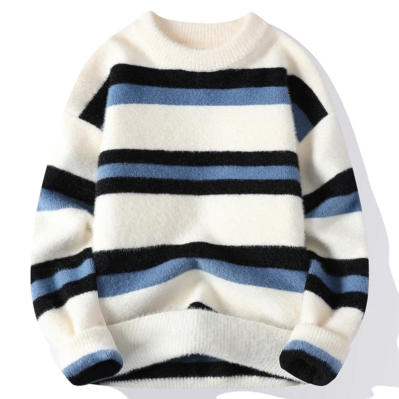 Men\'s Luxury Mink Cashmere Sweater, Soft and Comfortable Pullover, Keep Warm, Striped, High End, Winter, New, 2024