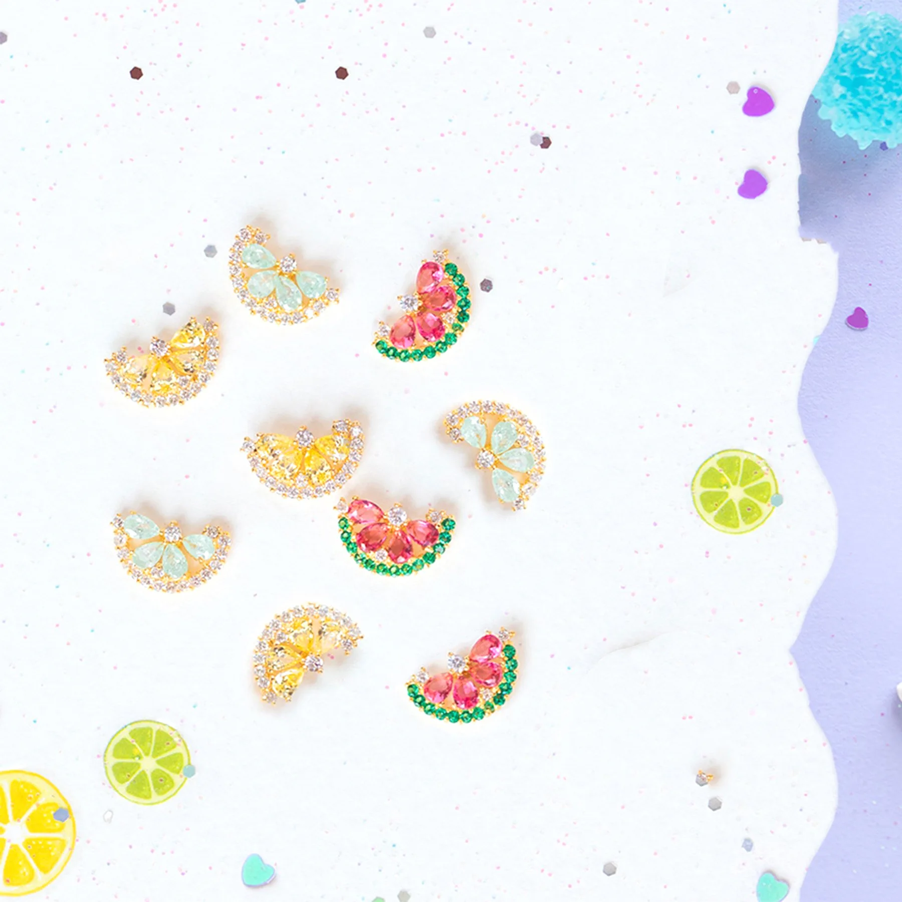 Fresh Summer Claw Inlay Multicolored Zircon Forms Fruit Watermelon, Lemon Earrings Women's Small and Exquisite Fashione Arrings