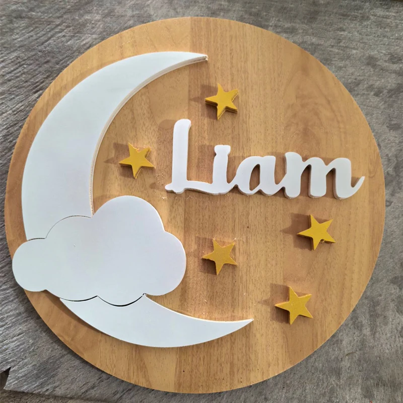 

Moon, Cloud and Stars Nursery Name Sign: Baby boy wall decor in blue for celestial Baby Name