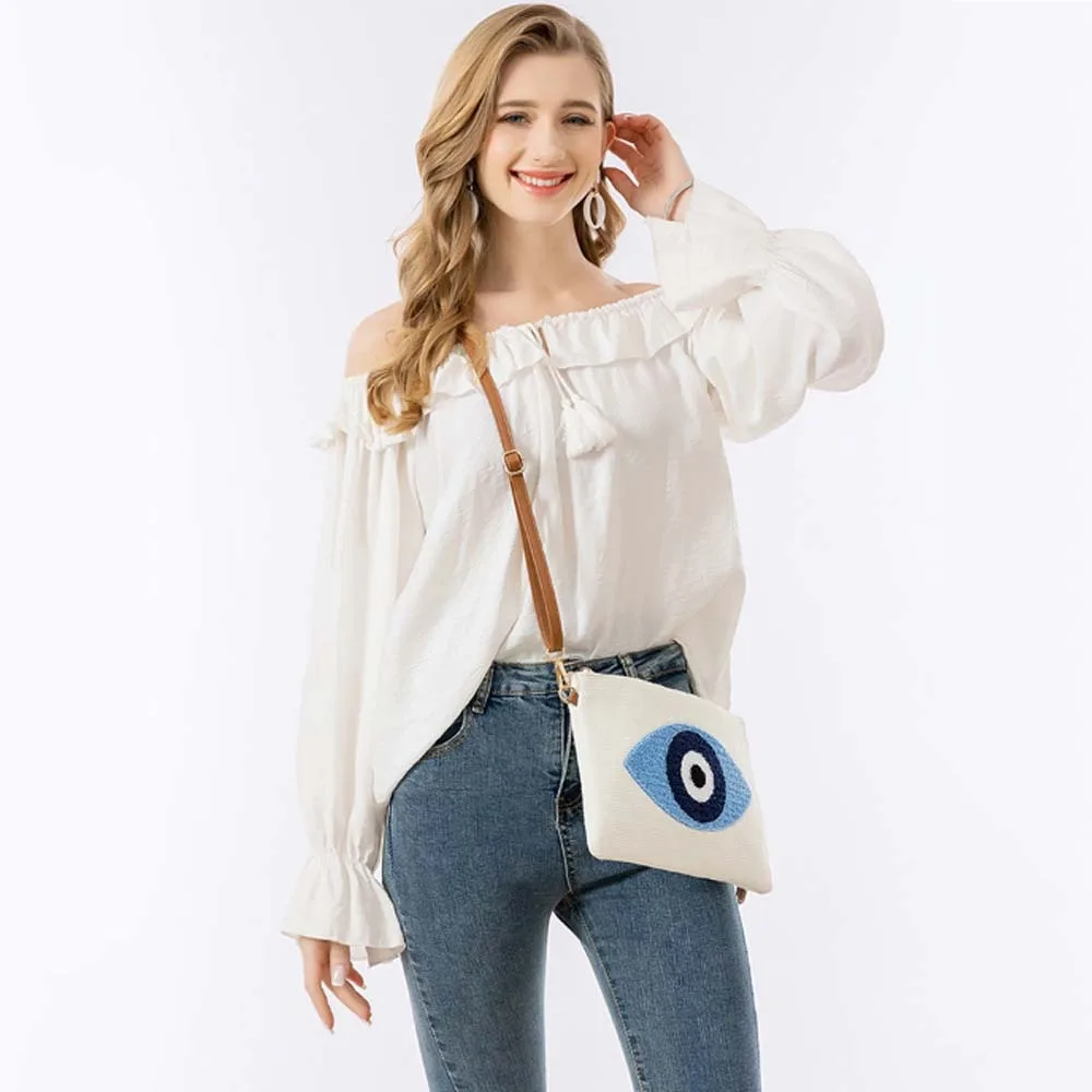 Embroidered Demon Eye Crossbody Bag Soft Detachable Shoulder Strap Blue Eye Handbag PU Rope White Cotton Shoulder Bag Women