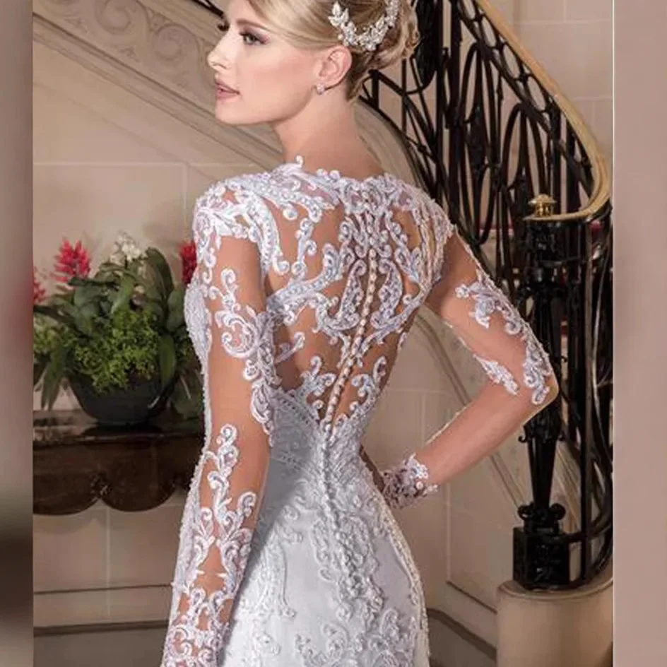 فساتين زفاف حورية البحر برقبة على شكل حرف V وأكمام طويلة فساتين زفاف فاخرة فستان زفاف الكنيسة مخصص للنساء