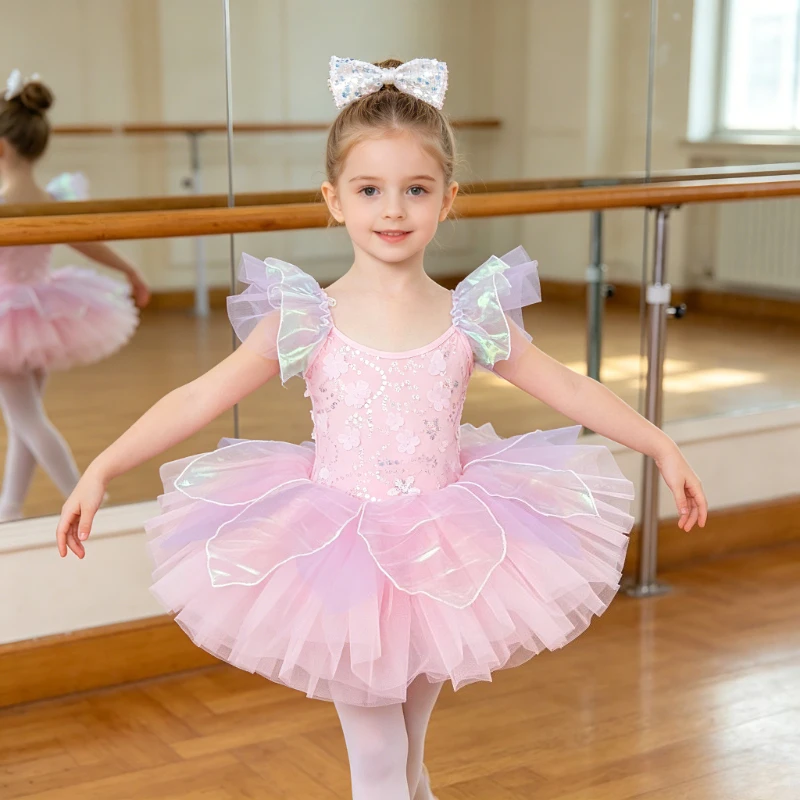 

Ballet Tutu Dress Iridescent Tulle Petal Skirt Sequin Bodice with Bow for Dance Recital Ballet Tutu Dress for Party Costume