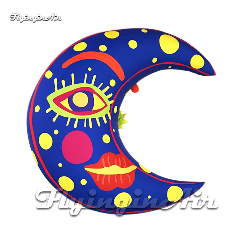 Humanized Illuminated Blue Inflatable Crescent Moon Balloon With 3-D Eye And Lips For Ceiling Decoration