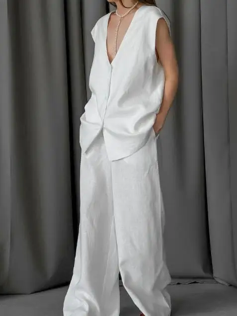 

Sexy Elegant White V-Neck Cotton Linen Sleeveless Vest Pants Set 2025 Spring/summer Fashion New Two-Piece Set for Women