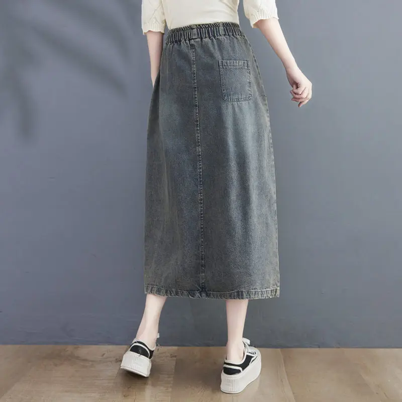 Korean Vintage Embroidered Denim Skirt Slim Versatile High Waist Spring And Autumn A-Type Women Jeans Saias Midi Faldas T048