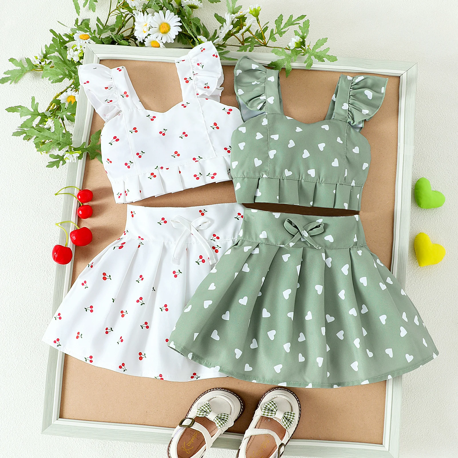 2PCS  Summer New Style Girls 1-4 Years Old Comfortable Sweet Cherry Love Pattern Top + Short Skirt Set