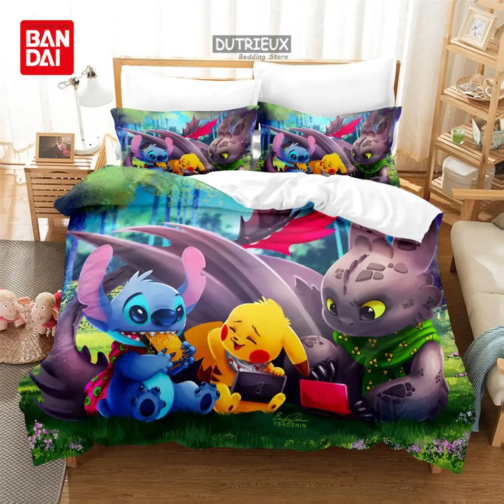 Bandai 3D Pikachu Bedding Set Hot Pokemon Duvet Cover Quilt Cover Pillowcase Double Queen King Size Kids Bedroom Home Textile