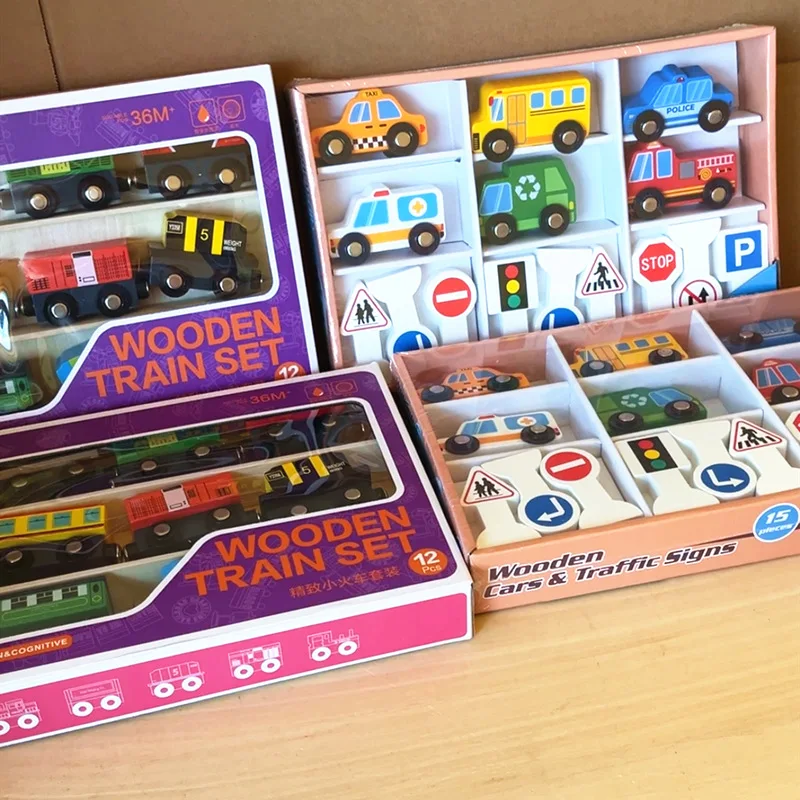 Wooden Magnetic Sliding Hand Push Small Train Traffic Sign Signs, Traffic Lights Toy Set, Children's Puzzle, Early Education Toy