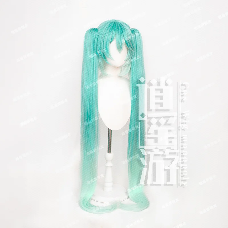 Parrucca Cosplay Anime Miku 115CM colore verde doppia coda di cavallo parrucche Cosplay per capelli sintetici resistenti al calore graduali + cappuccio per parrucca