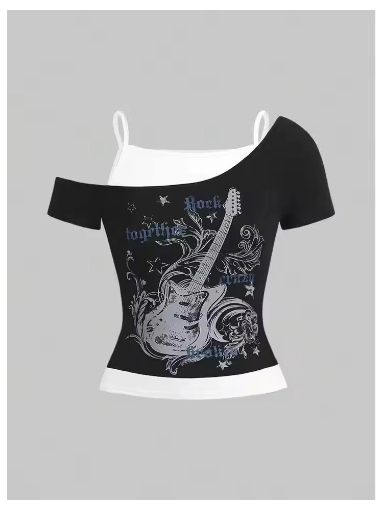 Y2K slim fit fashionable printed women's off shoulder short sleeved T-shirt American retro fake two-piece lace up rock style