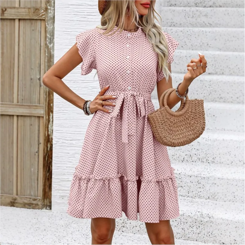 Vacation Trendy Dress New Summer Temperament Lotus Leaf Short-sleeved Lace-up Button A-line Dot Skirt For Women Mini Vestidos