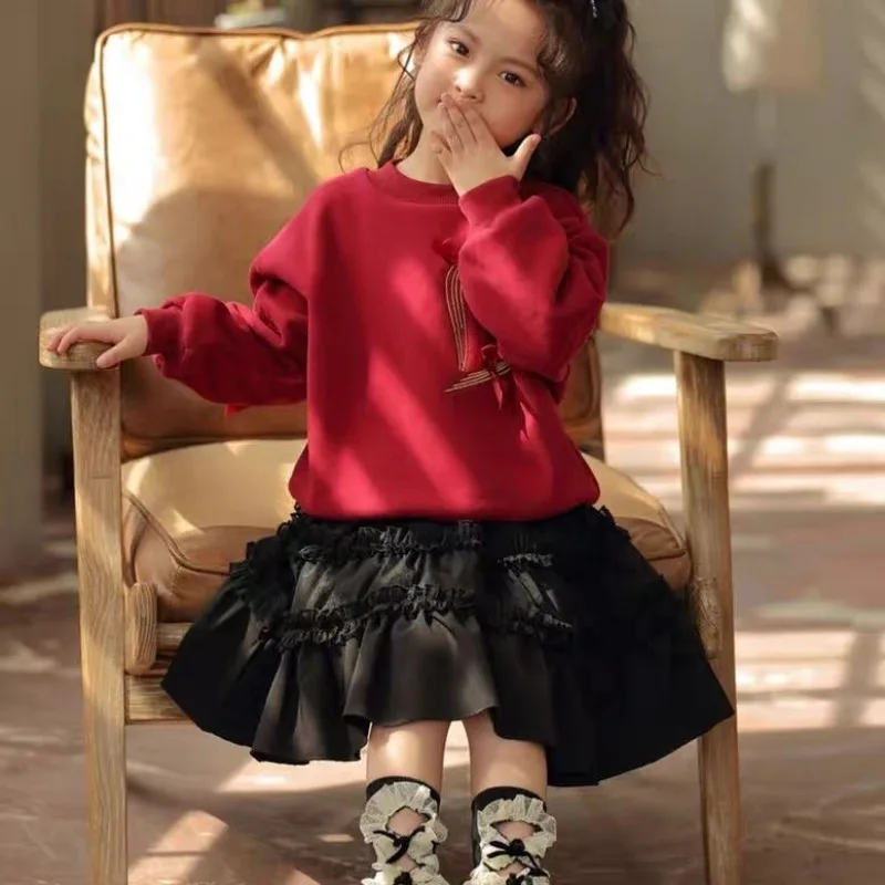 

2025 New Girls' Autumn/Winter Long Sleeve Fleece-Lined Thickened Embroidered Bowknot Stylish Base Layer Sweatshirt