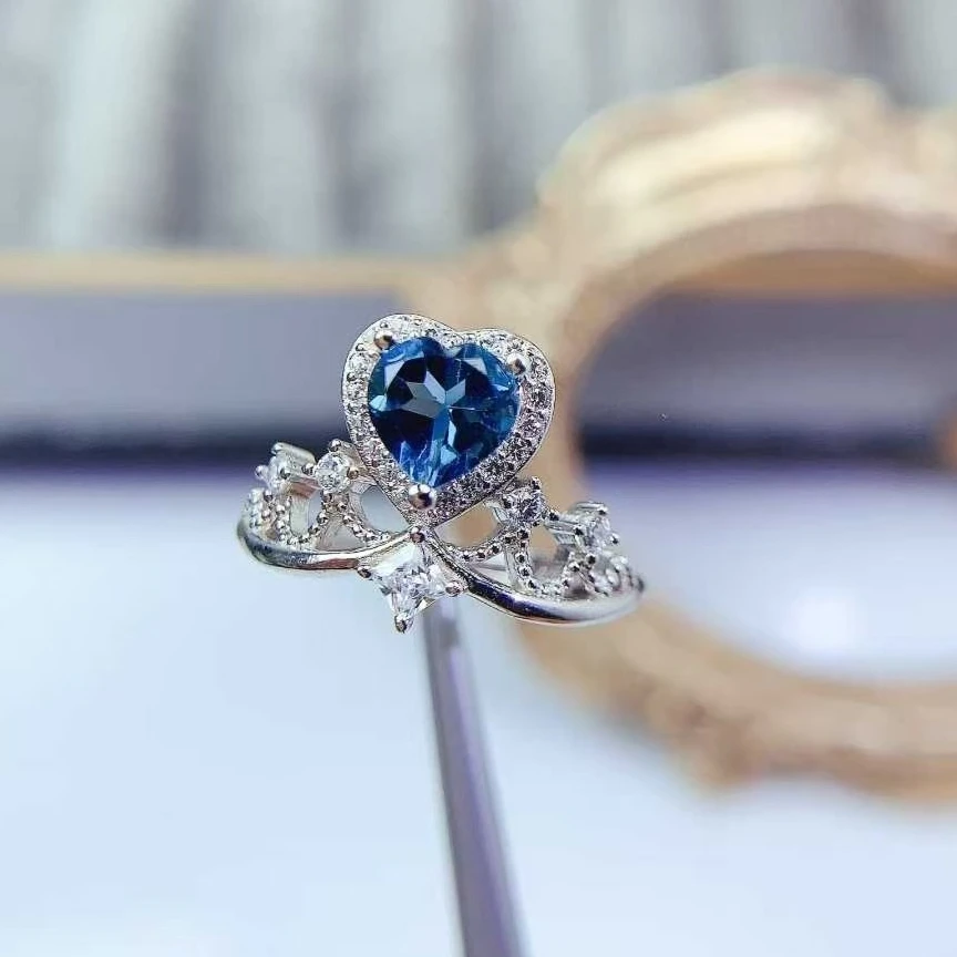 

925 Silver Gemstone Crown Ring Natural Topaz Ring for Engagement 6mm Genuine London Blue Topaz Jewelry