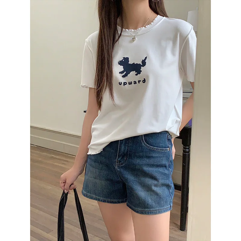 Korean Letter And Cute Dog Printed T-Shirt Summer Loose Soft Short Sleeves Top For Women Petal Collar And Sleeves Design Top