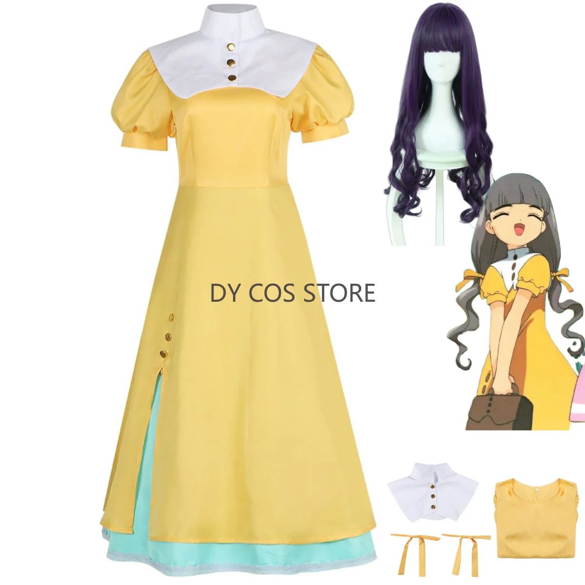 Anime Cardcaptor Sakura Daidouji Tomoyo Cosplay Costume Wig Daily Yellow Dress Hair Accessories Woman Kawaii Leisure Suit