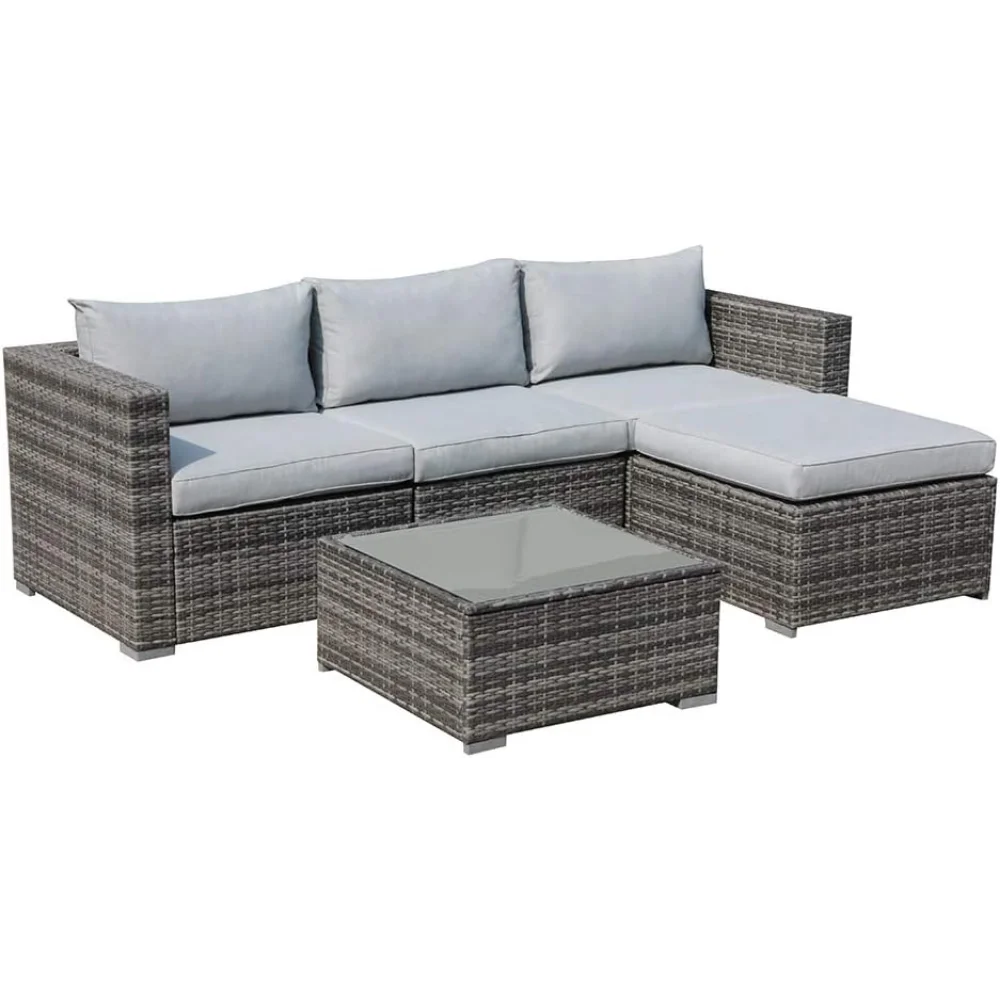 5 Piece Outdoor Patio Furniture Set Sectional Conversation All-Weather Grey PE Wicker Cushions Porch Garden Poolside Balcony Set