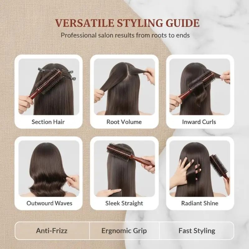 Wood Handle Boar Bristles Round Brush Tail Professional Barber Salon Hairdressing Hair Brush Home Blow Dry Curling Volume Comb