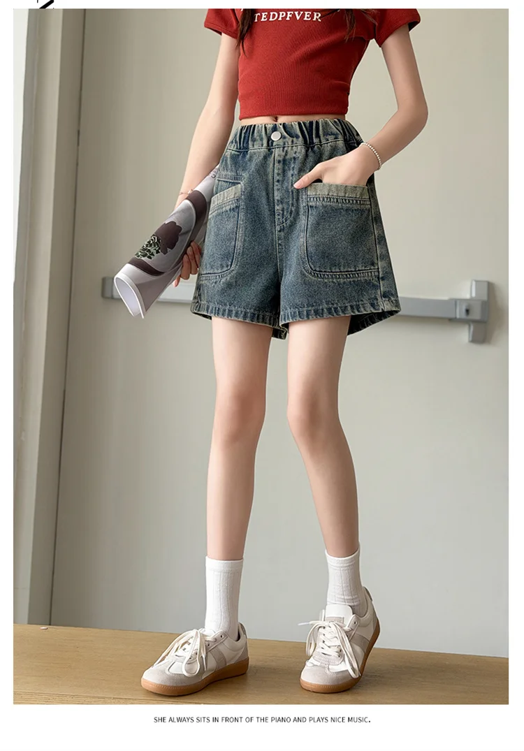 Retro-Design Mädchen-Jeansshorts für Teenager, Sommer-Freizeitshorts mit Taschen, Hochwertige Kinder-Modehose, Alter 5-14 Jahre – Detail 2