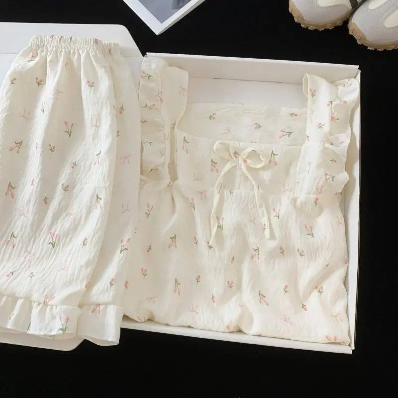 Childrens Floral Pajamas Set Summer Lightweight Cloud Cotton Vest with Shorts Princess Style for Girls Baby Homewear