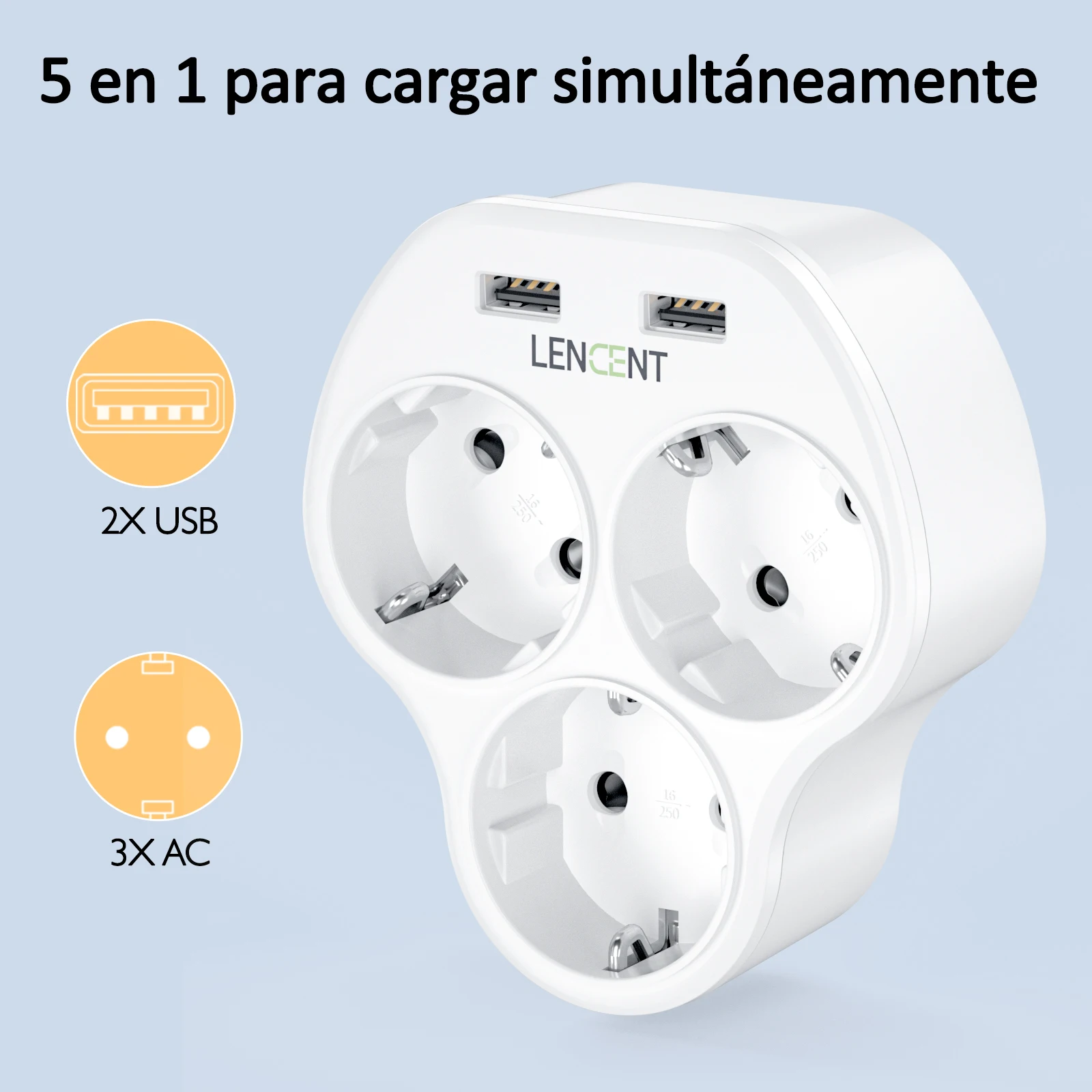 LENCENT  EU Multiple Wall Socket Charger with 3 AC Outlets  and 2 USB Ports 5 in 1 Adapter  Overload Protection for Home/Office